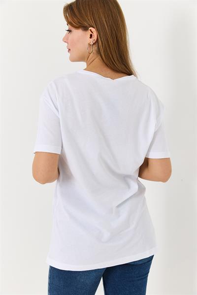 Kadın  Bisiklet Yaka Baskılı Kısa Kol Tshirt Beyaz
