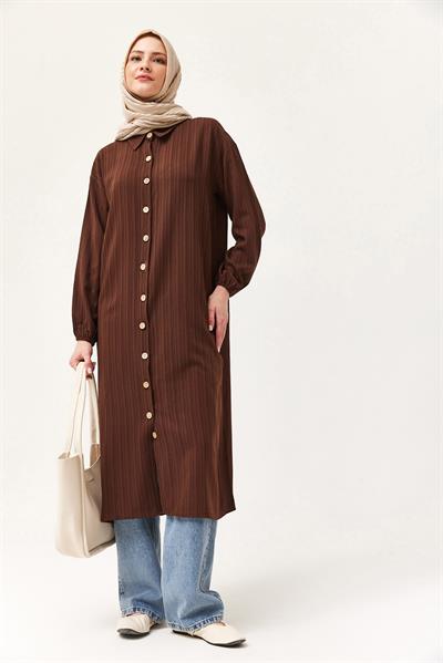 Keten Düğmeli Uzun Tesettür Tunik Kahverengi