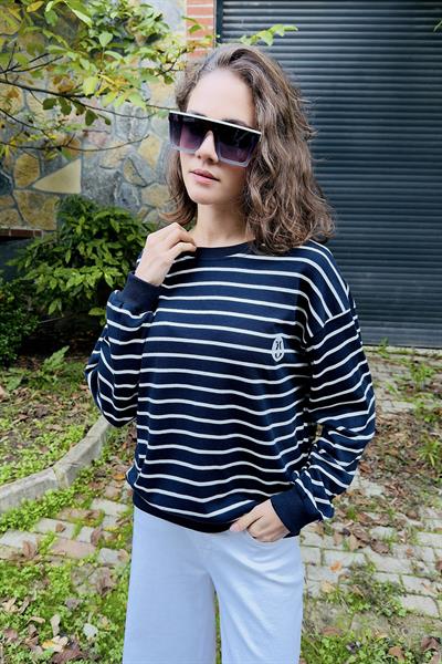 Kadın Çizgili Lacivert Sweat Şardonsuz 3 iplik