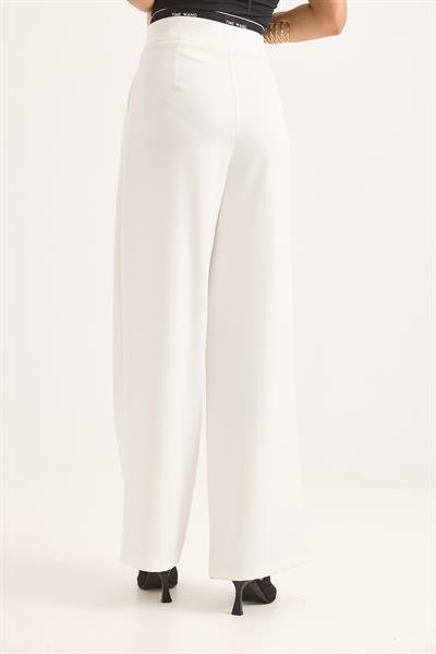 Geniş Paça Kemeri Garnili Palazzo Pantolon Beyaz