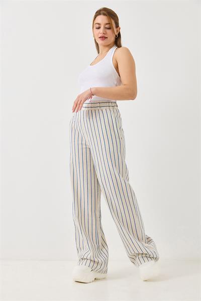 Çizgi Desenli Bol Paçalı Keten Pantolon Mavi