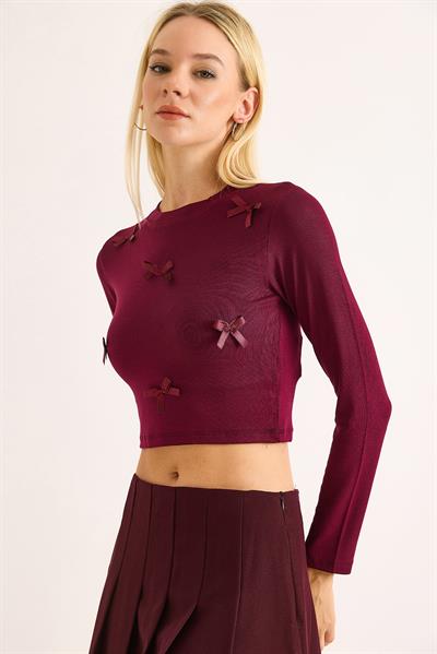 Kadın Kurdeleli Uzun Kollu Crop Bluz Bordo