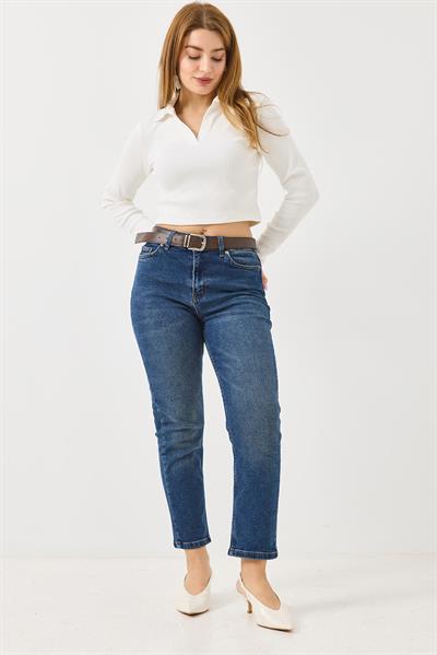 Kadın Mom Kemerli Kot Pantolon  Lacivert