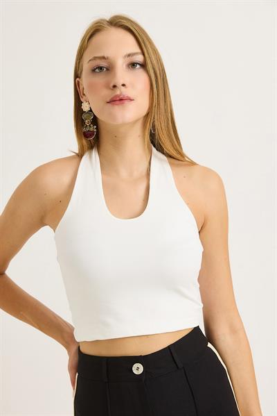 Boyundan Geçirmeli Crop Bluz Beyaz