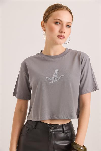 Karikatür Kuş Kabartma Baskılı Örme Crop Tshirt Füme
