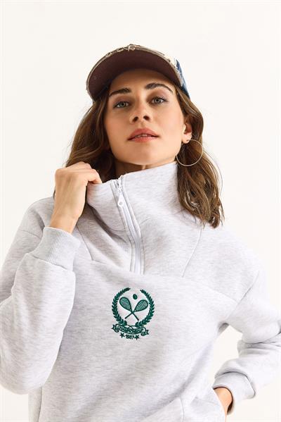 Kadın Dik Yaka Fermuarlı Roket Baskılı Sweatshirt Gri