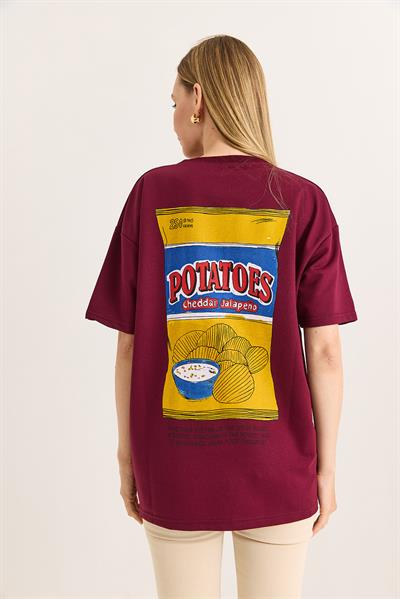 Rahat Kesim Baskılı Kadın Tshirt Bordo