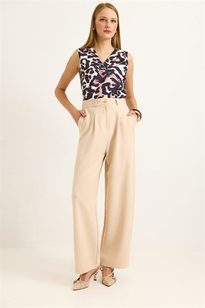 Yüksek Bel Bol Paça Pantalon Krem