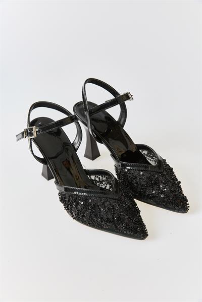 Kadın Tül Pul ve Boncuk İşlemeli Stiletto Siyah
