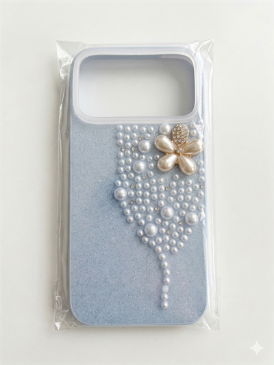 İphone 17 Pro Max Uyumlu İnci ve Glitter Detaylı Kılıf Mavi