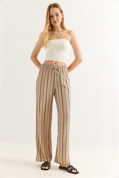 Bürümcük Çizgili Rahat Kesim Pantalon Vizon