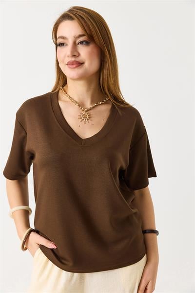 Kadın V Yaka Modal Kısa Kollu Tshirt  Kahverengi