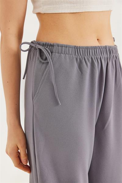 Yanları İp Detaylı Bol Paça Pantolon Gri