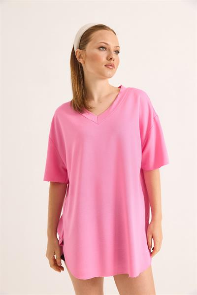 V Yaka Arkası Uzun Basic Tshirt Pembe