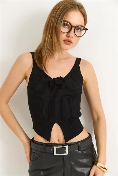 Gül Motifli Triko Crop Bluz Siyah