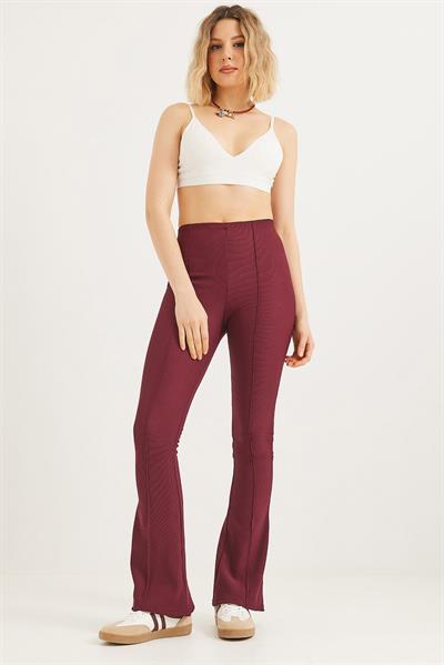 Yüksek Bel Çımalı Fitilli Pantolon Bordo