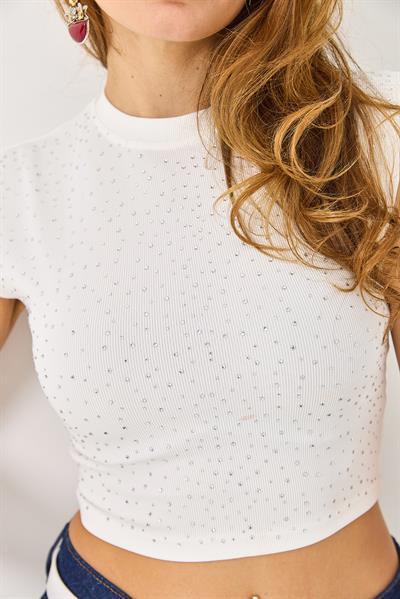Kadın Taşlı Fitilli Crop Bluz Beyaz