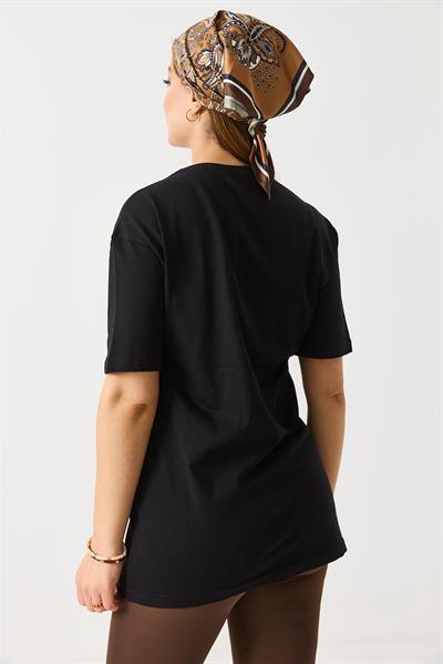 Kadın Bisiklet Yaka Kısa Kol Basic Tshirt Siyah