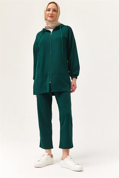 Kadın Kapüşonlu Fermuarlı İkili Takım Yeşil