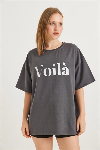Voila Baskılı Oversize İki İplik Tshirt Füme