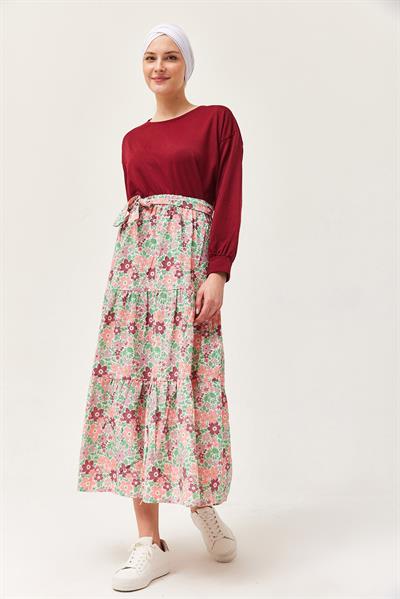 Çiçek Desenli Etekli İkili Takım Bordo