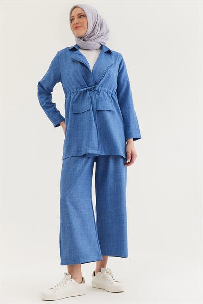 Bel Bağlamalı Ceketli Keten Takım Mavi