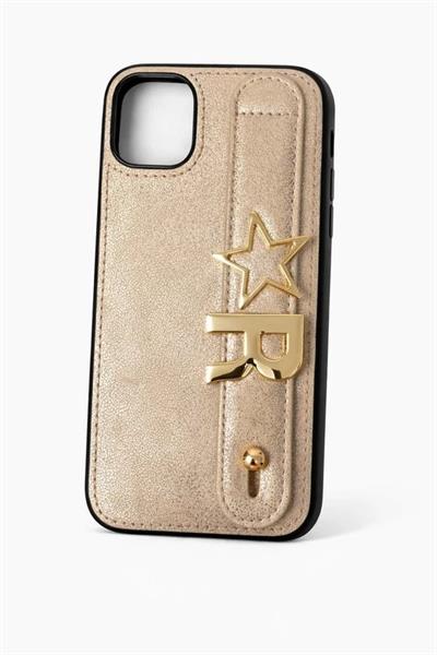 İphone 16 Pro  Uyumlu  Charmlı ve Harfli Deri Kılıf Gold