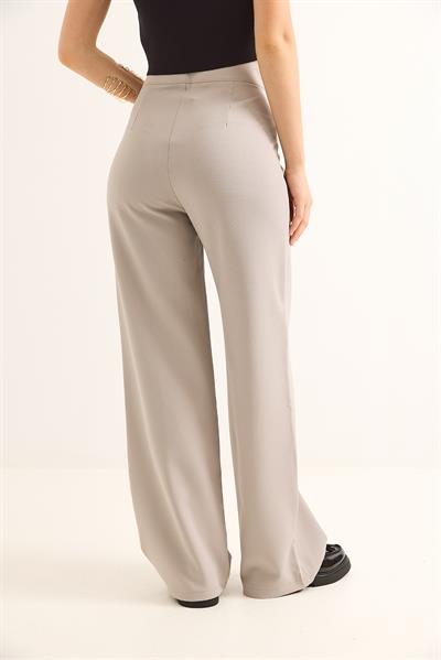 Düğme Detaylı Yüksel Bel Bol Paça Pantolon Gri