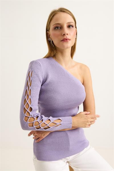 Tek Omuz Kolu Detaylı Fitilli Bluz Lila
