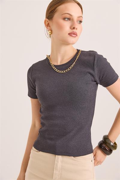 Yuvarlak Yaka Zincir Detaylı Örme Kaşkorse Bluz Füme