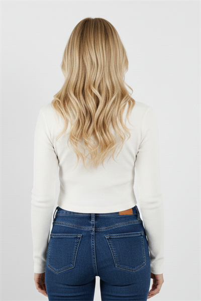 Kadın Uzun Kollu Kaşkorse Yıldız Nakışlı Crop Bluz Ekru