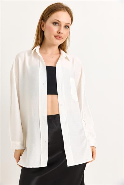 Uzun Kollu Cep Detaylı Basic Gömlek Beyaz