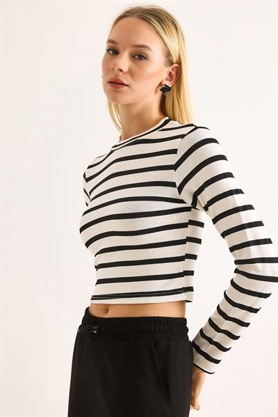 Kadın Çizgi Desenli Crop Bluz Siyah