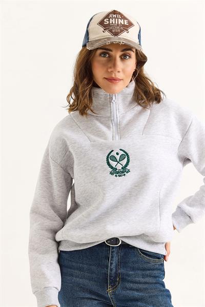 Kadın Dik Yaka Fermuarlı Roket Baskılı Sweatshirt Gri