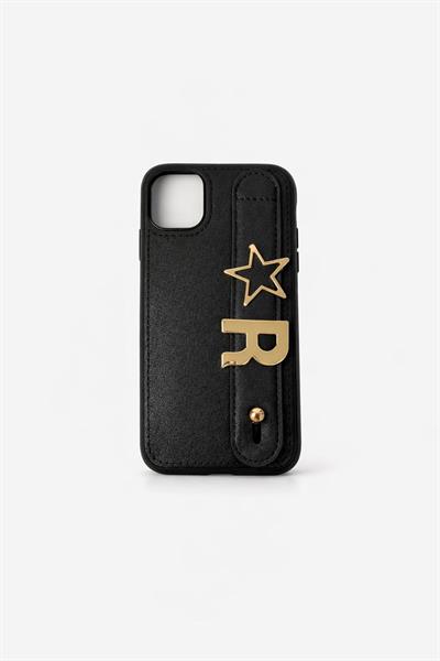 İphone 15 Pro Max Uyumlu Charmlı ve Harfli Deri Kılıf Siyah