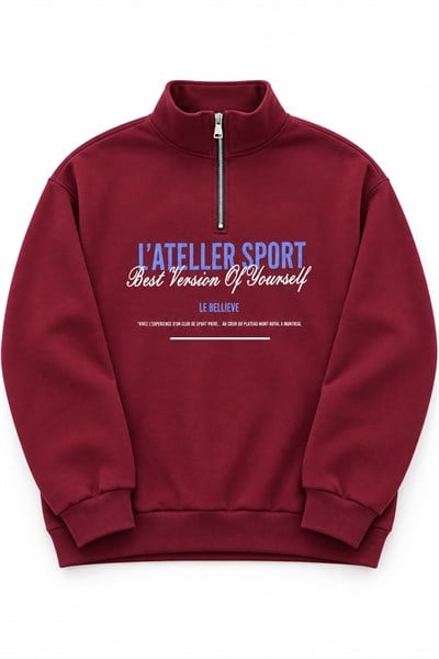 Kadın Dik Yaka Yarım Fermuarlı Baskılı Sweatshirt Bordo