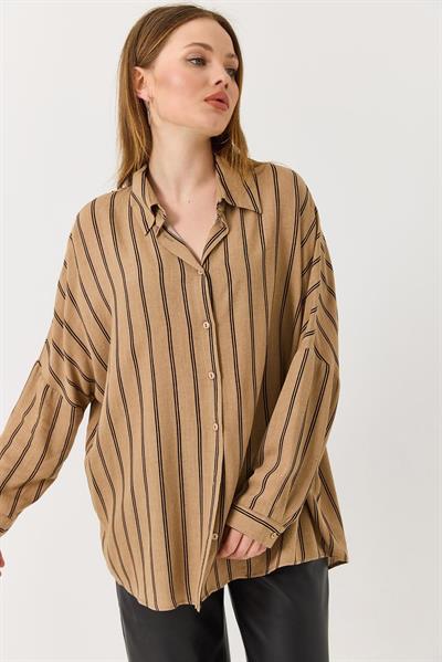 Kadın Oversize Çizgi Desenli Gömlek Vizon 