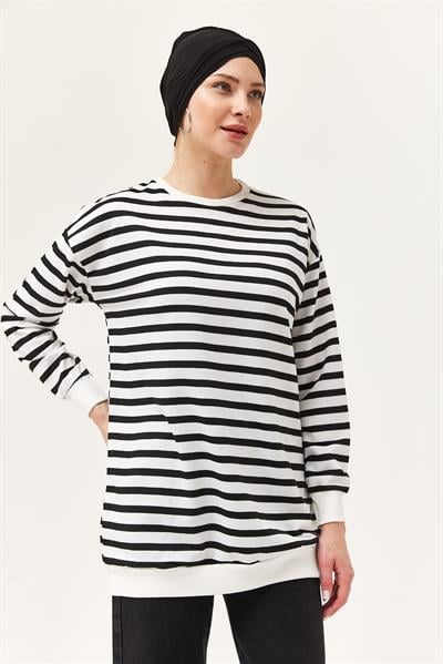 Çizgili Oversize Tunik Siyah
