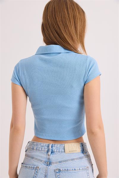 Polo Yaka Basıc Kısa Kollu Örme Kaşkorse Crop Bluz Mavi