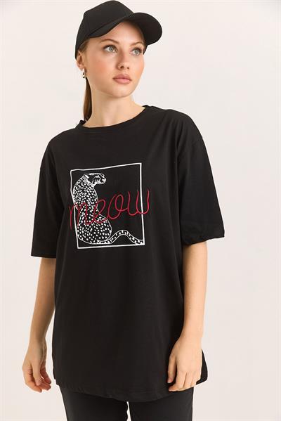 Baskı Nakış Detaylı Pamuk Süprem Rahat Kalıp Siyah Tshirt