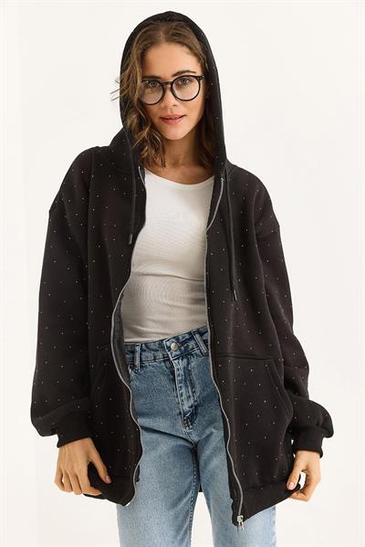 Kadın Taş Detaylı Üç İplik Oversize Kanguru Cep Sweat Hırka Siyah