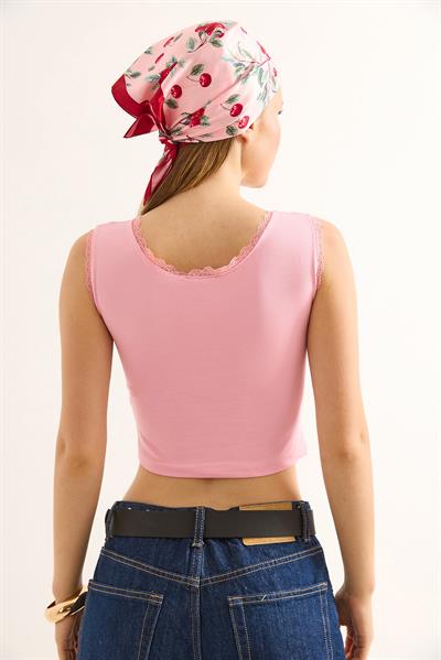 Güpürlü Büzgülü Crop Bluz Pembe