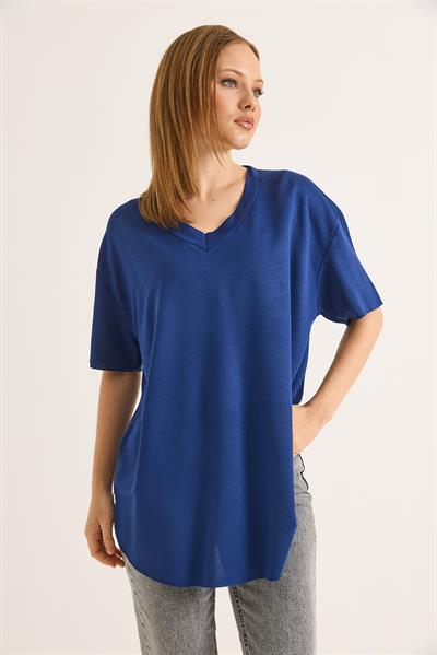 V Yaka Arkası Uzun Basic Tshirt Saks