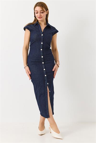 Kadın Drape Detaylı Likralı Midi Boy Denim Elbise Açık Lacivert