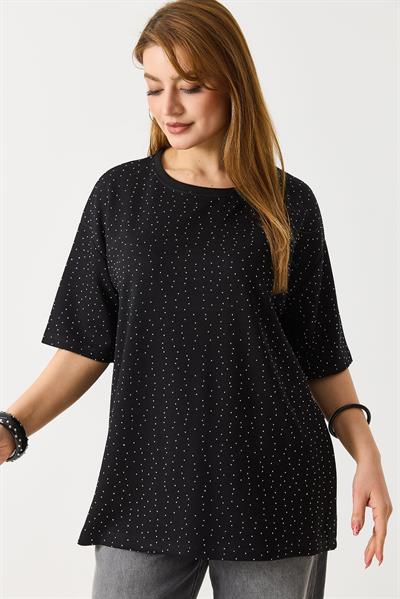 Kadın Taş Detaylı Bsiklet Yaka Oversize Tshirt Siyah