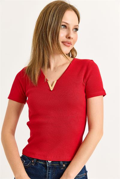 Yaka V detay Kısa Kol Kaşkorse Kırmızı 