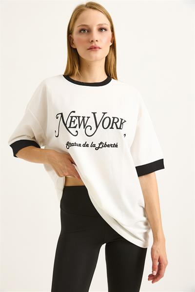 Kolları Garnili Baskılı  Oversize Kadın Tshirt