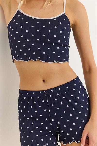 Croplu Kalp Baskılı Rahat Pijama Takımı Lacivert