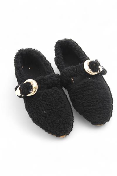 Kadın Peluş Tokalı Siyah Ev Ayakkabısı