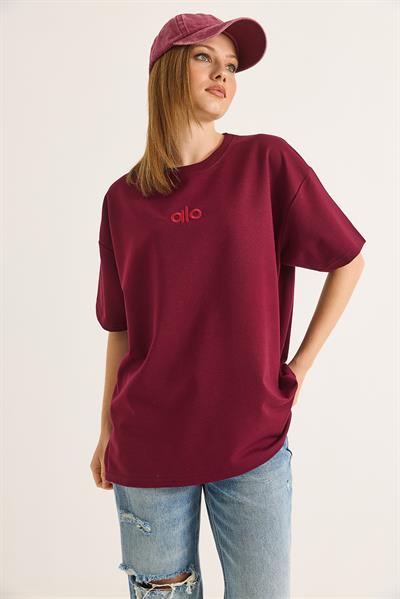 Alo Nakışlı Oversize Unisex Tshirt Bordo